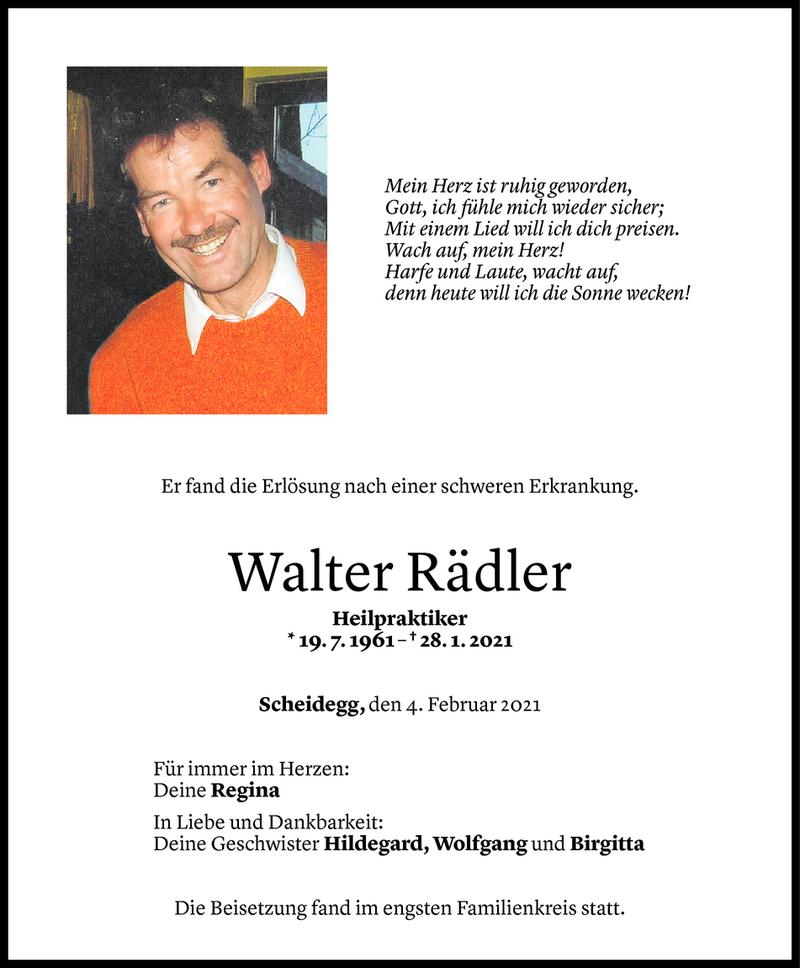  Todesanzeige für Walter Rädler vom 04.02.2021 aus Vorarlberger Nachrichten