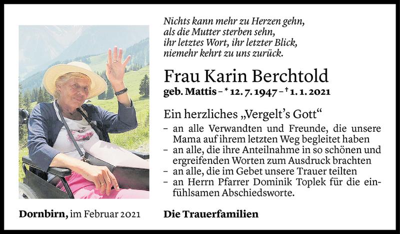  Todesanzeige für Karin Berchtold vom 05.02.2021 aus Vorarlberger Nachrichten