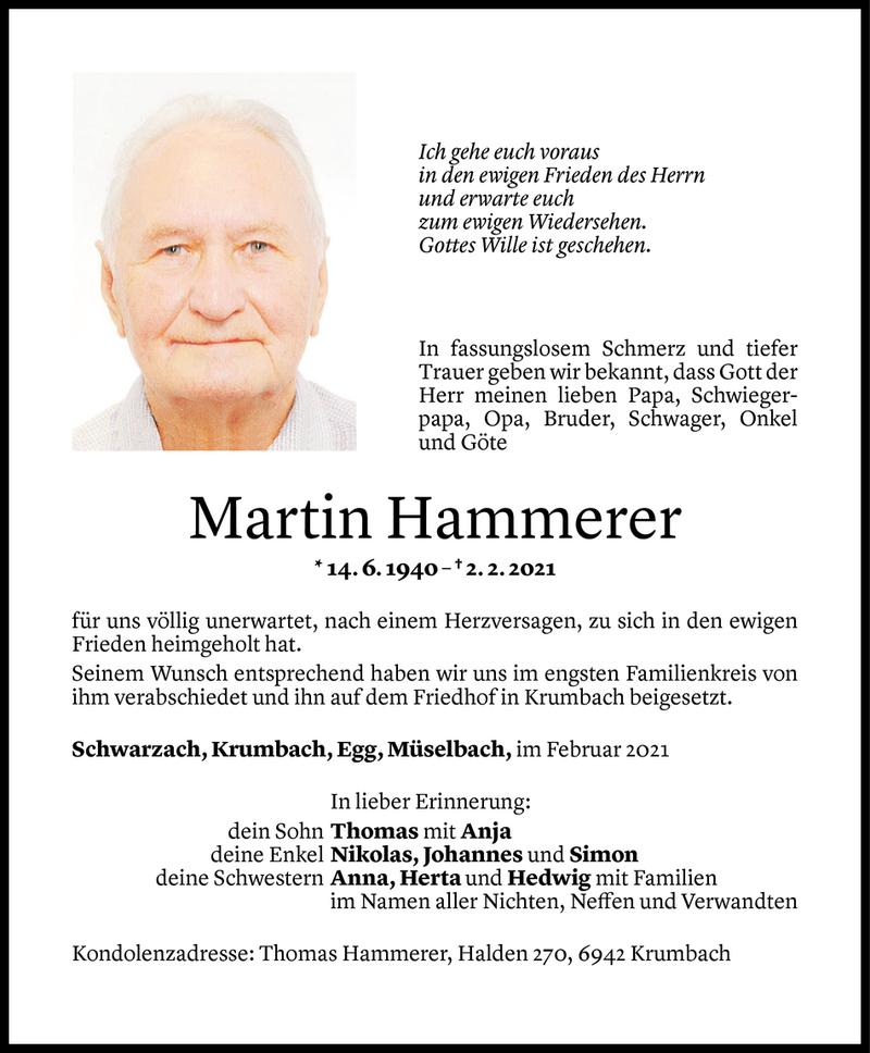  Todesanzeige für Martin Hammerer vom 13.02.2021 aus Vorarlberger Nachrichten
