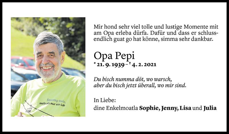  Todesanzeige für Josef Wolf vom 05.02.2021 aus Vorarlberger Nachrichten