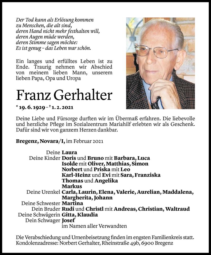  Todesanzeige für Franz Gerhalter vom 06.02.2021 aus Vorarlberger Nachrichten