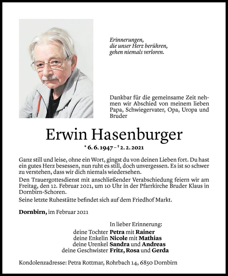  Todesanzeige für Erwin Hasenburger vom 07.02.2021 aus Vorarlberger Nachrichten