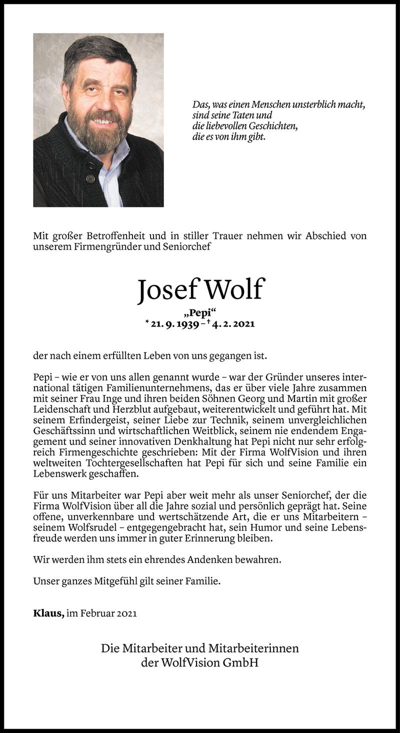  Todesanzeige für Josef Wolf vom 06.02.2021 aus Vorarlberger Nachrichten