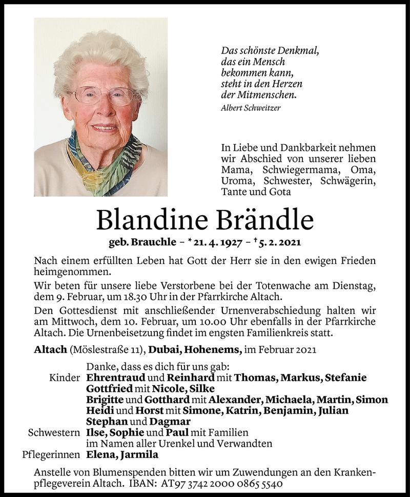  Todesanzeige für Blandine Brändle vom 08.02.2021 aus Vorarlberger Nachrichten