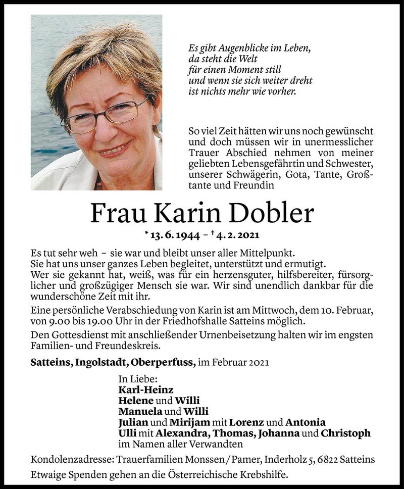  Todesanzeige für Karin Dobler vom 08.02.2021 aus Vorarlberger Nachrichten