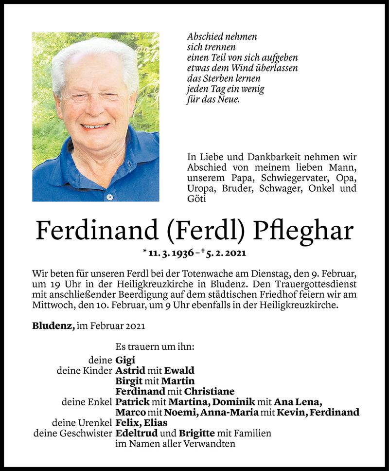 Todesanzeige für Ferdinand Pfleghar vom 08.02.2021 aus Vorarlberger Nachrichten