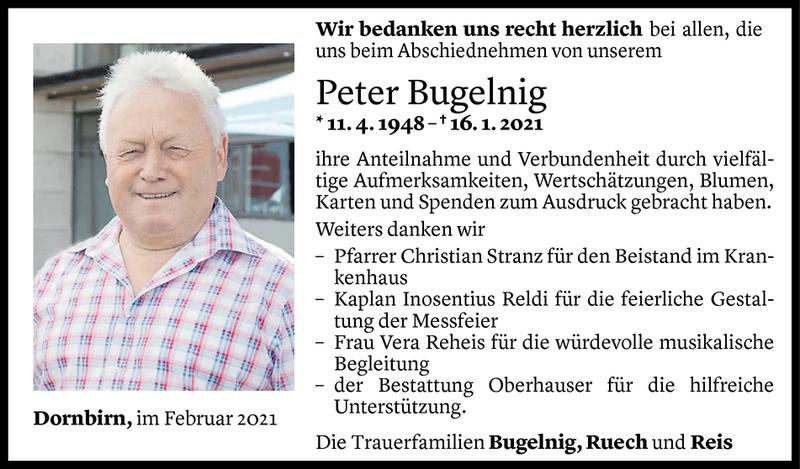  Todesanzeige für Peter Bugelnig vom 09.02.2021 aus Vorarlberger Nachrichten