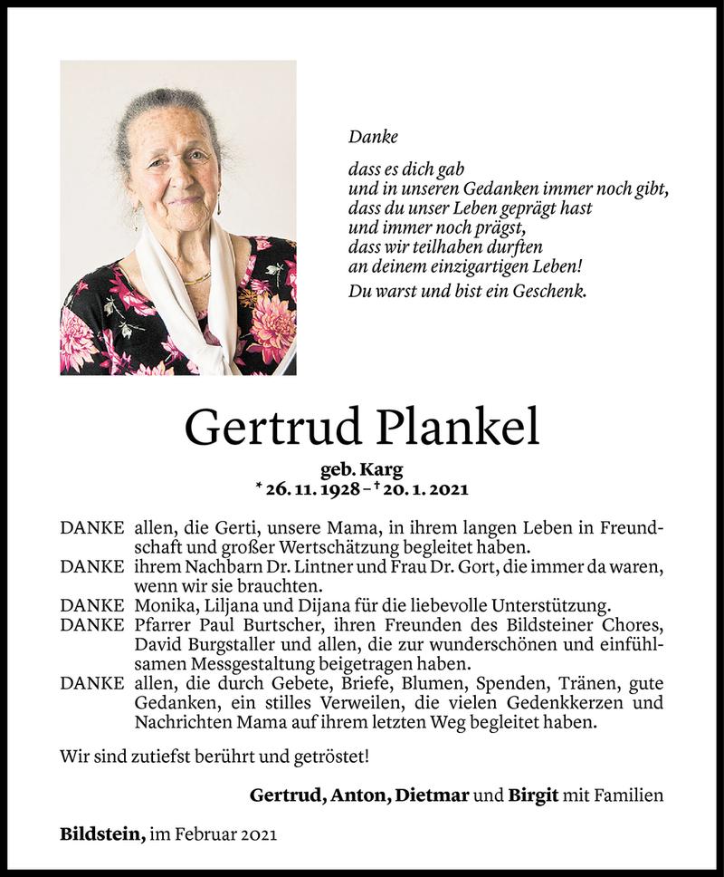  Todesanzeige für Gertrud Plankel vom 09.02.2021 aus Vorarlberger Nachrichten