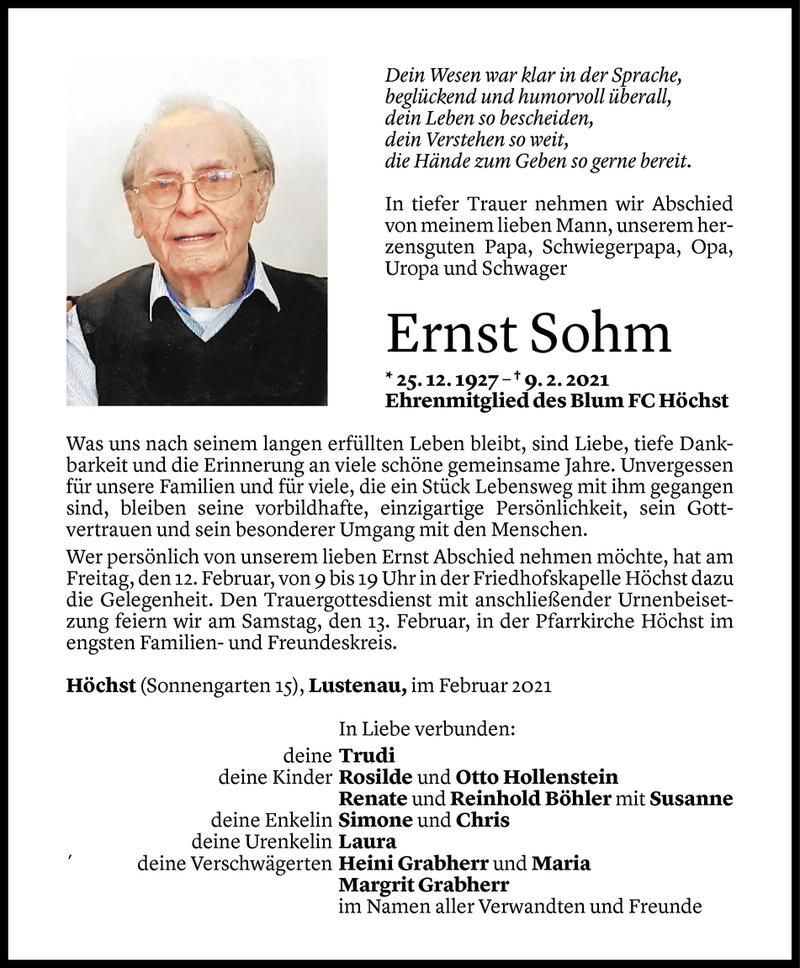  Todesanzeige für Ernst Sohm vom 11.02.2021 aus Vorarlberger Nachrichten