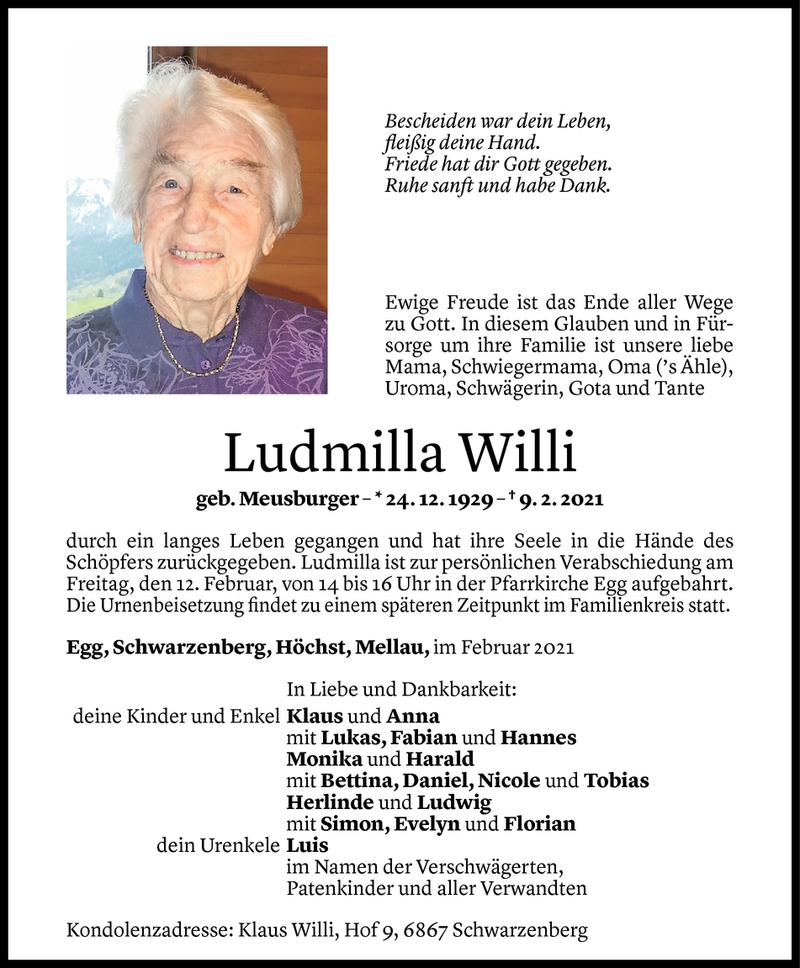  Todesanzeige für Ludmilla Willi vom 11.02.2021 aus Vorarlberger Nachrichten
