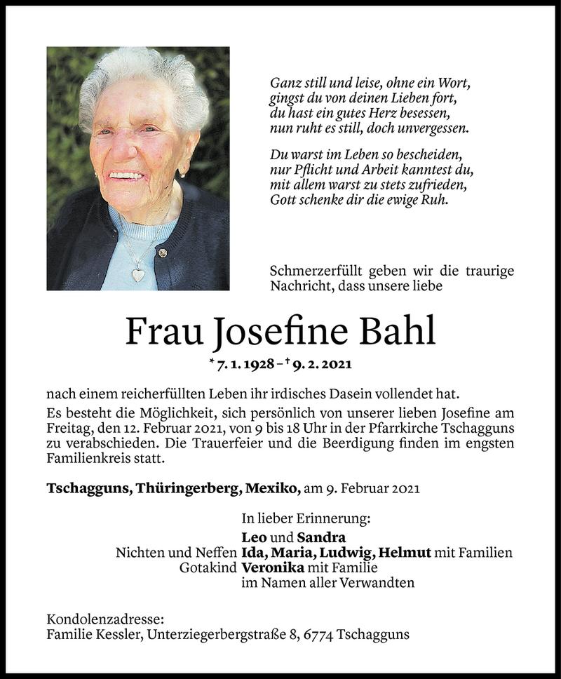  Todesanzeige für Josefine Bahl vom 11.02.2021 aus Vorarlberger Nachrichten