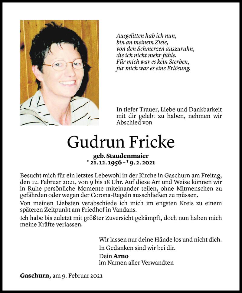  Todesanzeige für Gudrun Fricke vom 11.02.2021 aus Vorarlberger Nachrichten