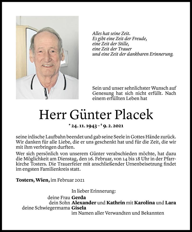  Todesanzeige für Günter Placek vom 13.02.2021 aus Vorarlberger Nachrichten