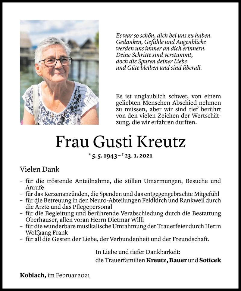  Todesanzeige für Gusti Kreutz vom 11.02.2021 aus Vorarlberger Nachrichten