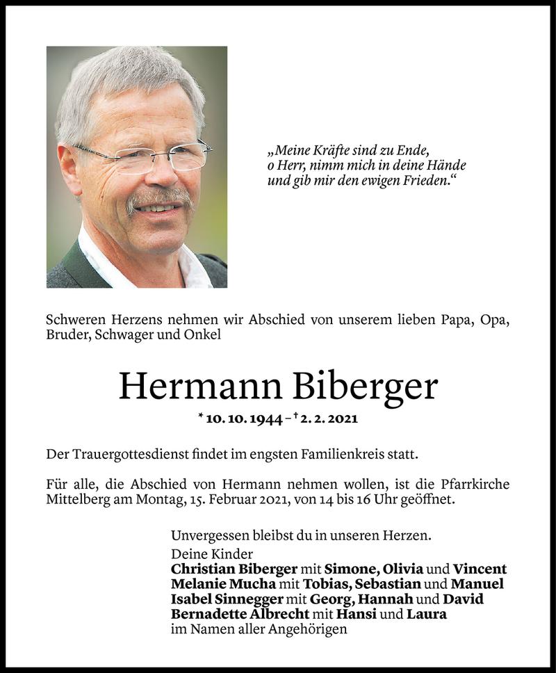  Todesanzeige für Hermann Biberger vom 13.02.2021 aus Vorarlberger Nachrichten