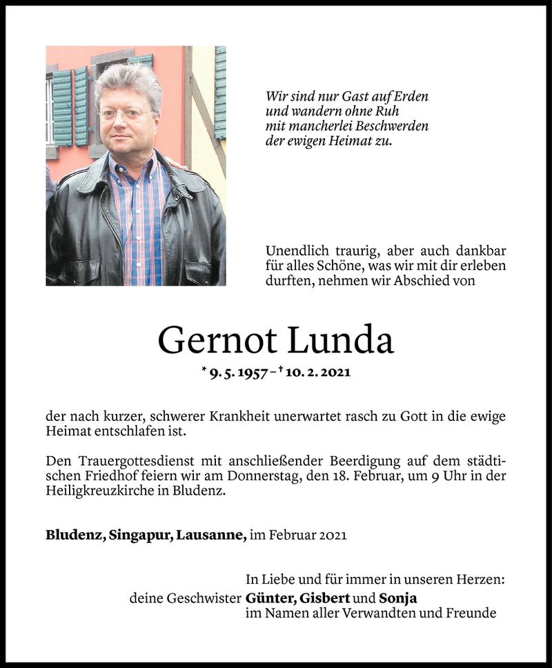  Todesanzeige für Gernot Lunda vom 13.02.2021 aus Vorarlberger Nachrichten