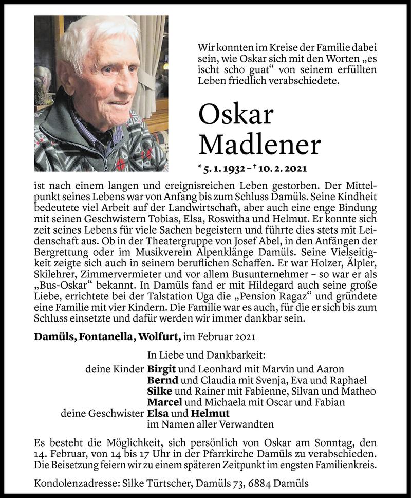  Todesanzeige für Oskar Madlener vom 13.02.2021 aus Vorarlberger Nachrichten