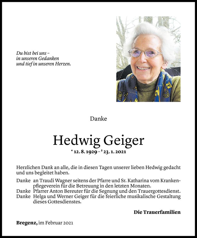 Todesanzeigen von Hedwig Geiger | Todesanzeigen Vorarlberger Nachrichten