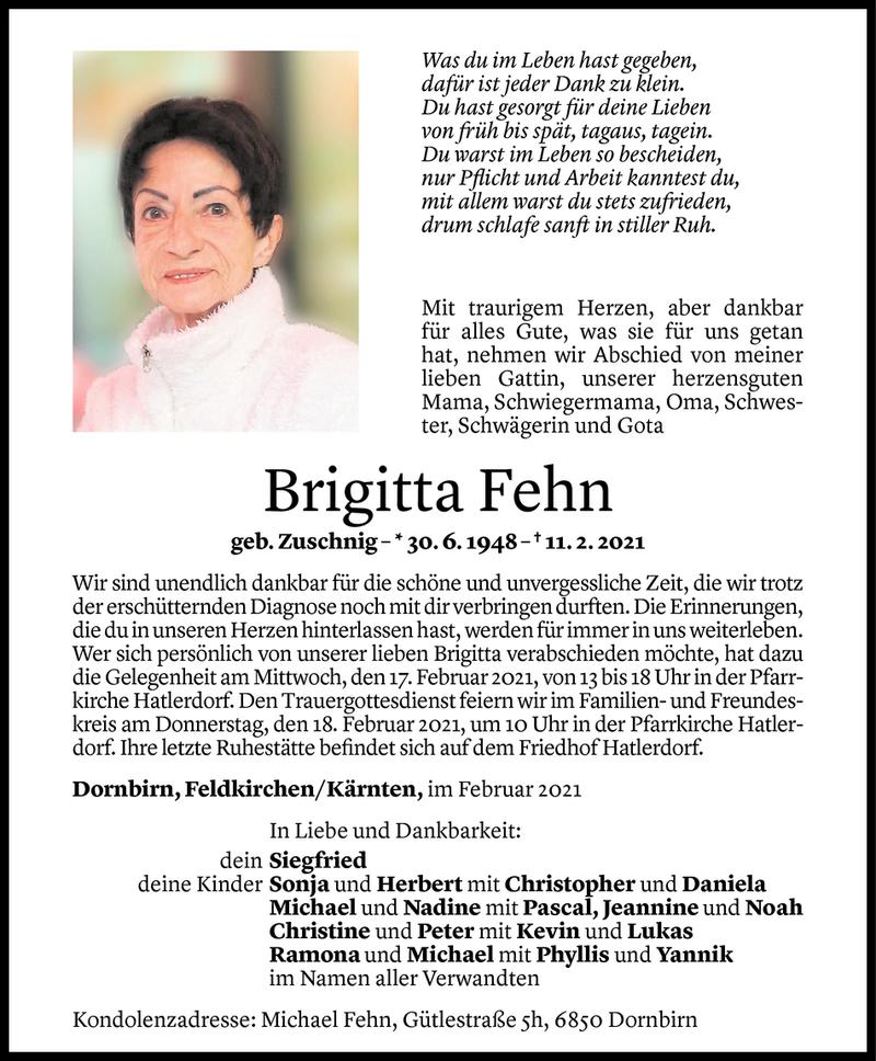  Todesanzeige für Brigitta Fehn vom 14.02.2021 aus Vorarlberger Nachrichten