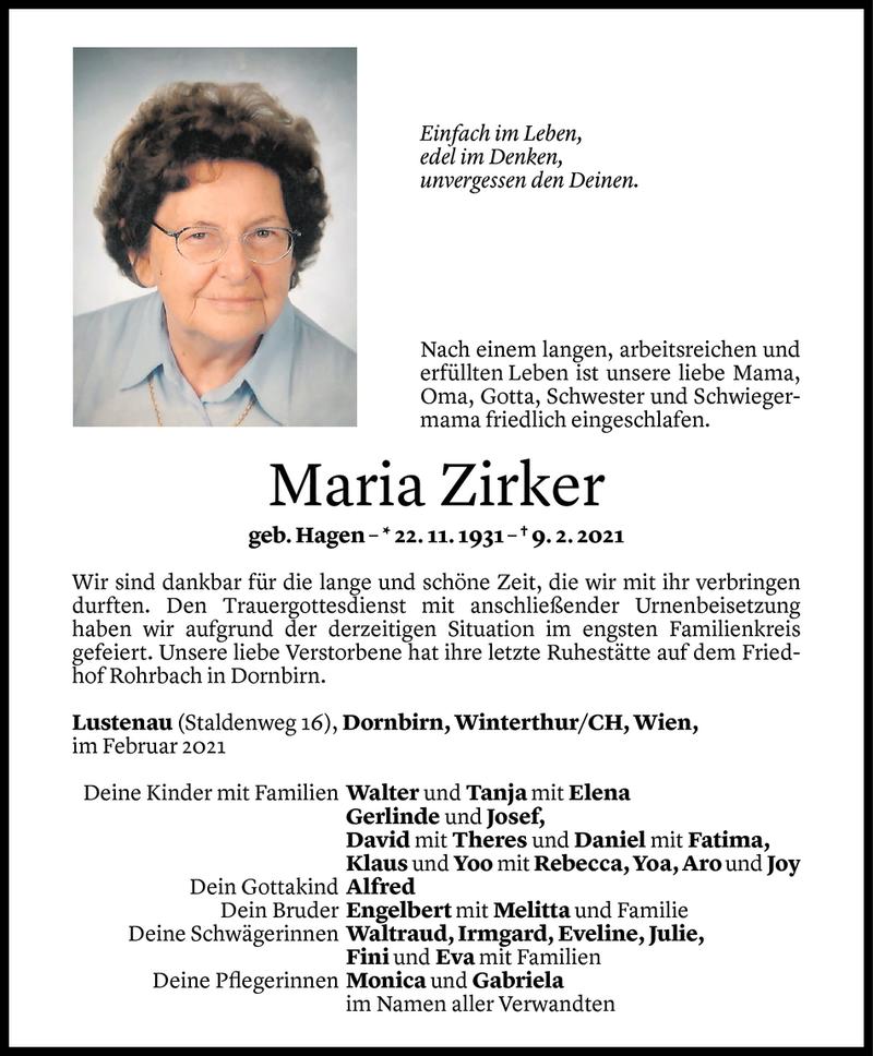  Todesanzeige für Maria Zirker vom 16.02.2021 aus Vorarlberger Nachrichten