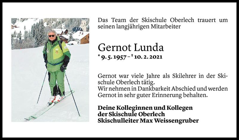  Todesanzeige für Gernot Lunda vom 15.02.2021 aus Vorarlberger Nachrichten