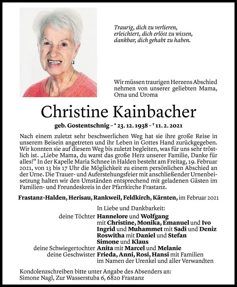  Todesanzeige für Christine Kainbacher vom 17.02.2021 aus Vorarlberger Nachrichten