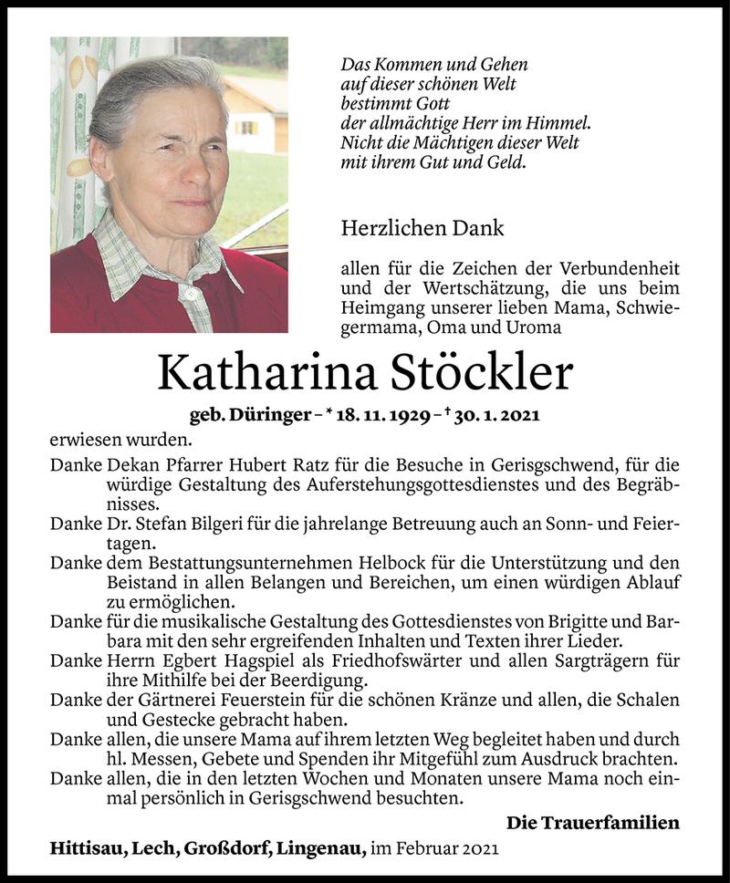  Todesanzeige für Katharina Stöckler vom 18.02.2021 aus Vorarlberger Nachrichten