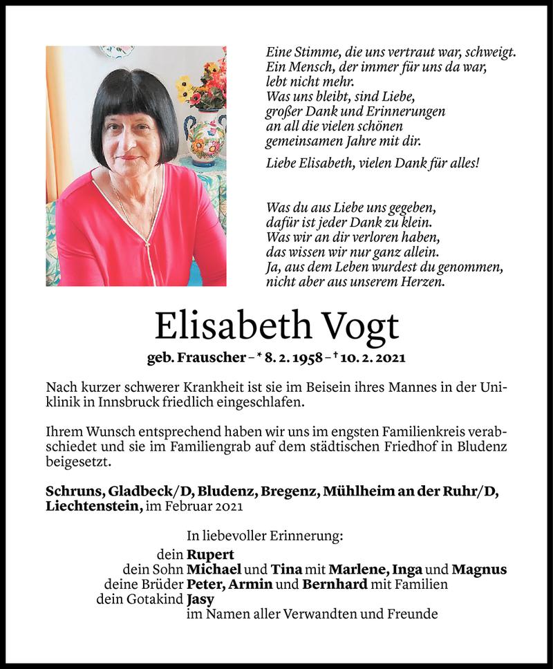  Todesanzeige für Elisabeth Vogt vom 20.02.2021 aus Vorarlberger Nachrichten