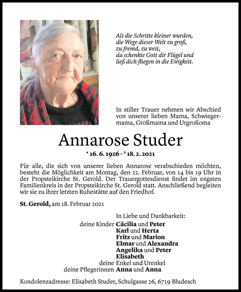  Todesanzeige für Annarose Studer vom 19.02.2021 aus Vorarlberger Nachrichten