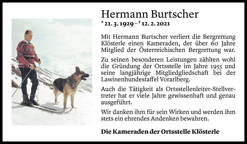  Todesanzeige für Hermann Burtscher vom 20.02.2021 aus Vorarlberger Nachrichten