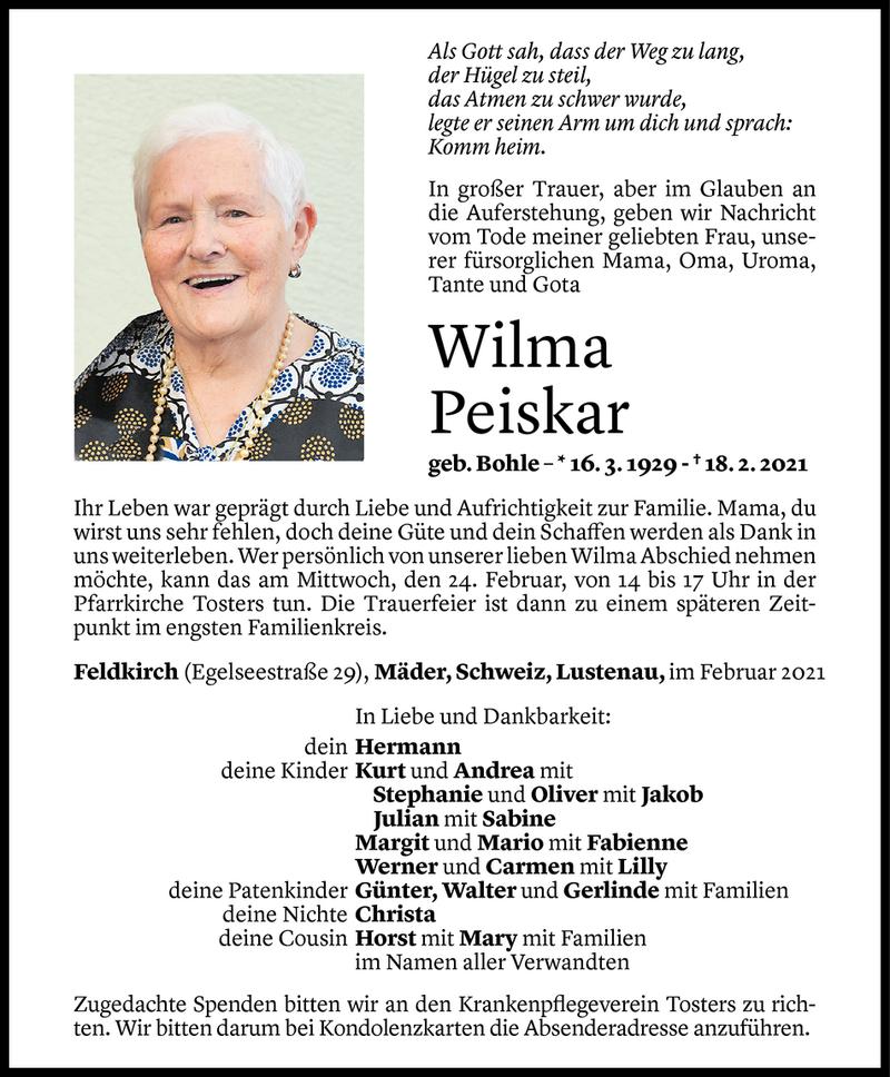  Todesanzeige für Wilma Peiskar vom 19.02.2021 aus Vorarlberger Nachrichten