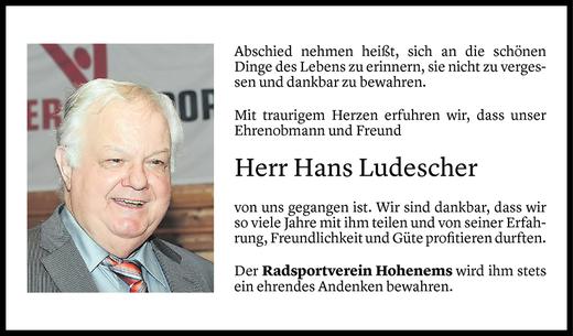 Todesanzeige von Hans Ludescher von Vorarlberger Nachrichten