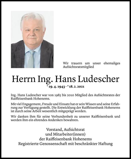 Todesanzeige von Hans Ludescher von Vorarlberger Nachrichten