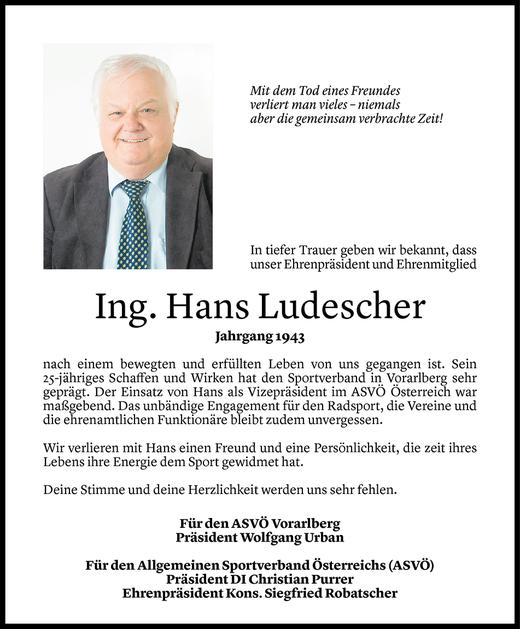 Todesanzeige von Hans Ludescher von Vorarlberger Nachrichten