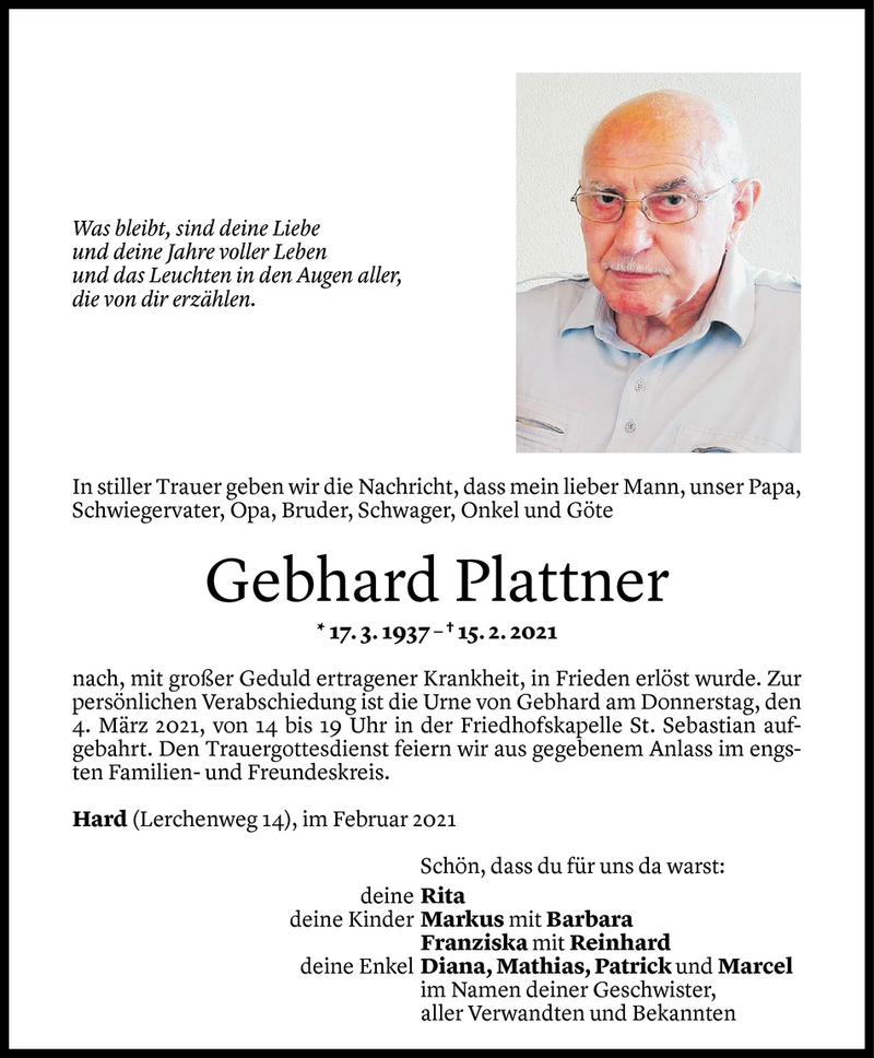  Todesanzeige für Gebhard Plattner vom 03.03.2021 aus Vorarlberger Nachrichten
