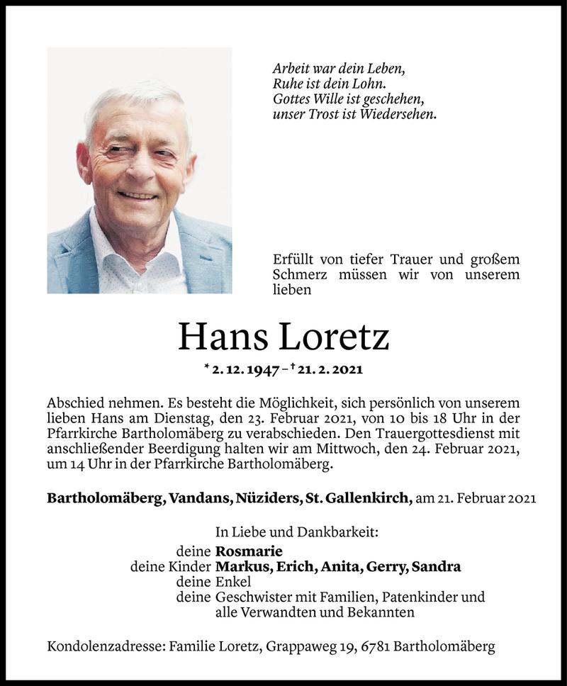  Todesanzeige für Hans Loretz vom 21.02.2021 aus Vorarlberger Nachrichten