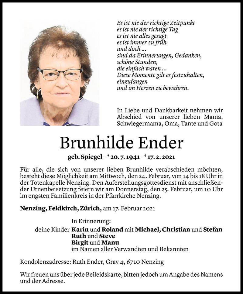 Todesanzeige für Brunhilde Ender vom 22.02.2021 aus Vorarlberger Nachrichten