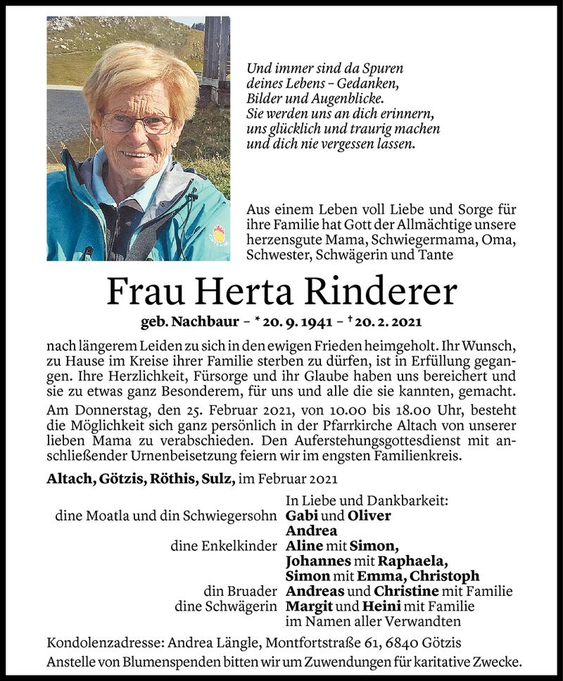  Todesanzeige für Herta Rinderer vom 23.02.2021 aus Vorarlberger Nachrichten