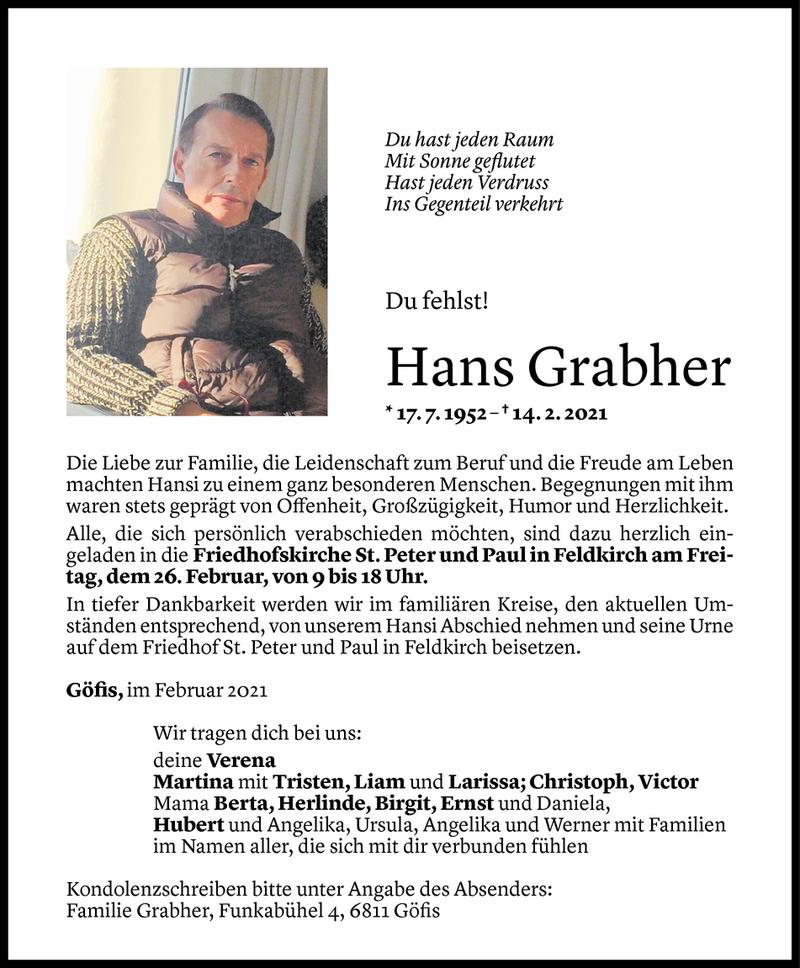  Todesanzeige für Hans Grabher vom 23.02.2021 aus Vorarlberger Nachrichten