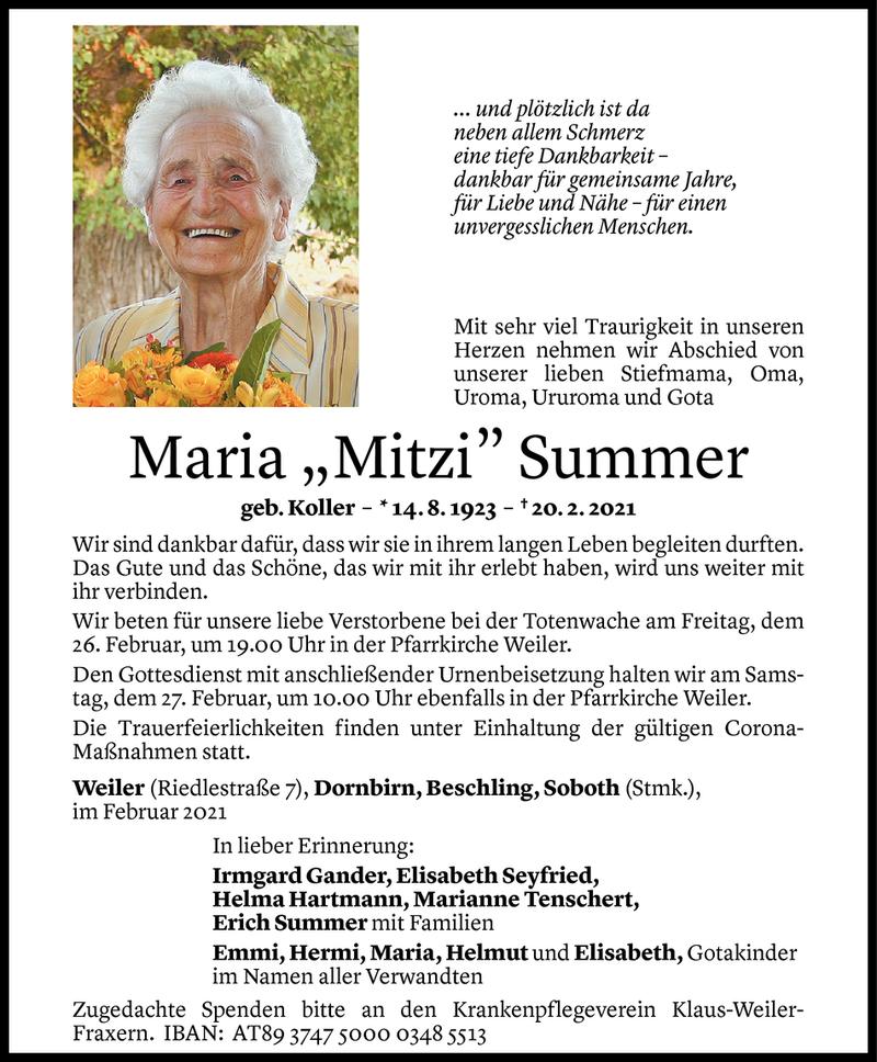 Todesanzeige für Maria Summer vom 24.02.2021 aus Vorarlberger Nachrichten
