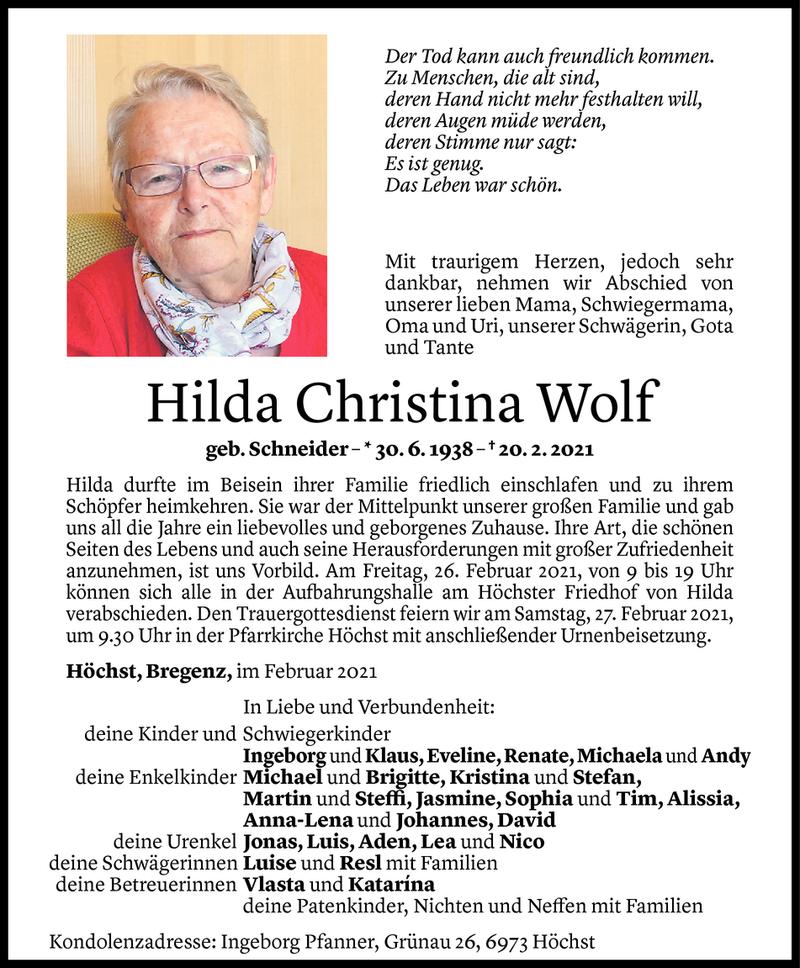  Todesanzeige für Hilda Christina Wolf vom 23.02.2021 aus Vorarlberger Nachrichten