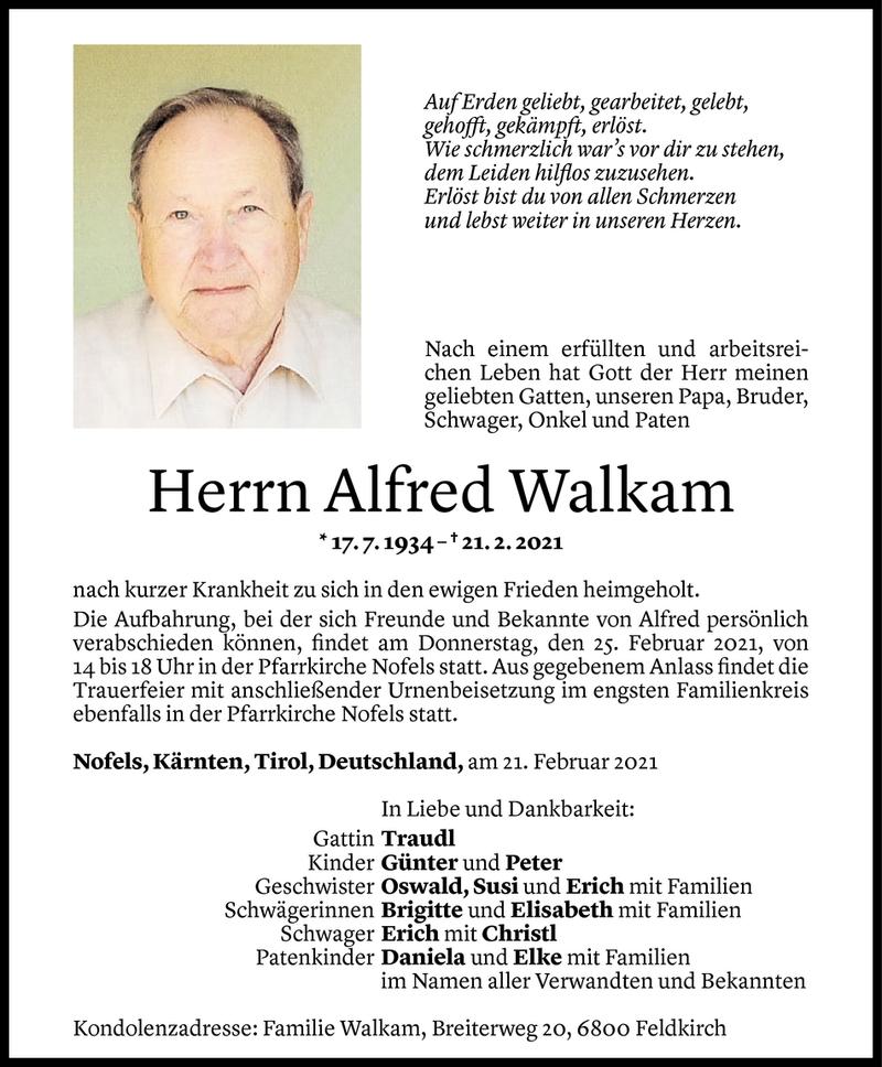  Todesanzeige für Alfred Walkam vom 24.02.2021 aus Vorarlberger Nachrichten