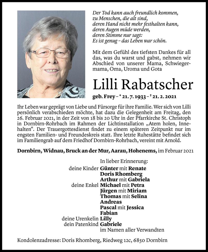  Todesanzeige für Lilli Rabatscher vom 24.02.2021 aus Vorarlberger Nachrichten
