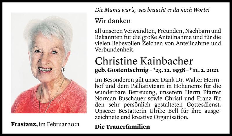  Todesanzeige für Christine Kainbacher vom 25.02.2021 aus Vorarlberger Nachrichten