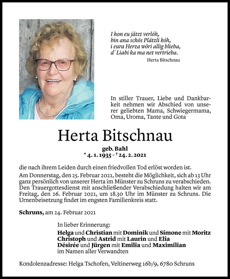  Todesanzeige für Herta Bitschnau vom 24.02.2021 aus Vorarlberger Nachrichten