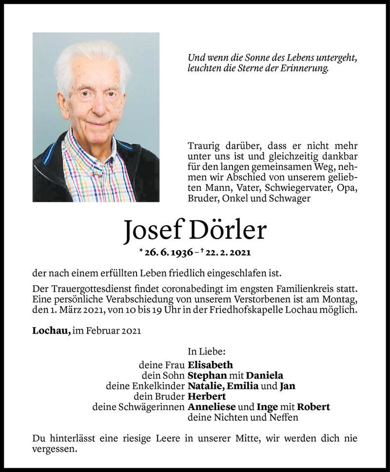  Todesanzeige für Josef Dörler vom 26.02.2021 aus Vorarlberger Nachrichten
