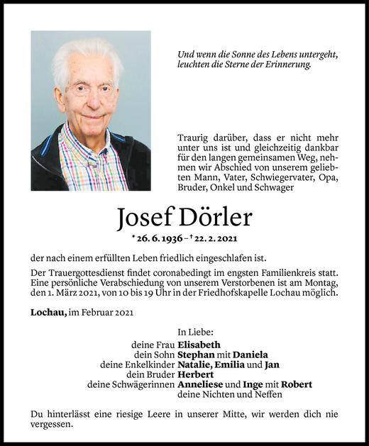 Todesanzeige von Josef Dörler von Vorarlberger Nachrichten