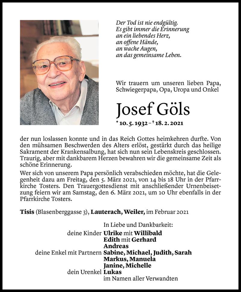  Todesanzeige für Josef Göls vom 03.03.2021 aus Vorarlberger Nachrichten