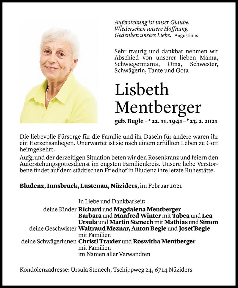  Todesanzeige für Lisbeth Mentberger vom 27.02.2021 aus Vorarlberger Nachrichten