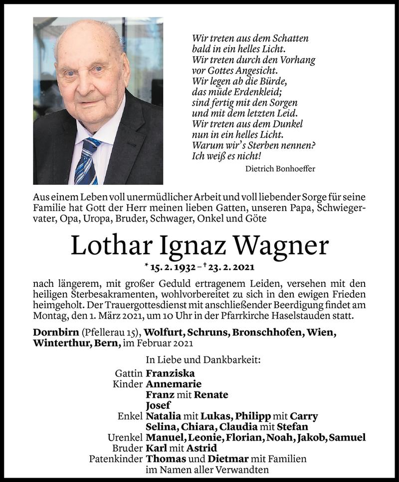  Todesanzeige für Lothar Ignaz Wagner vom 26.02.2021 aus Vorarlberger Nachrichten